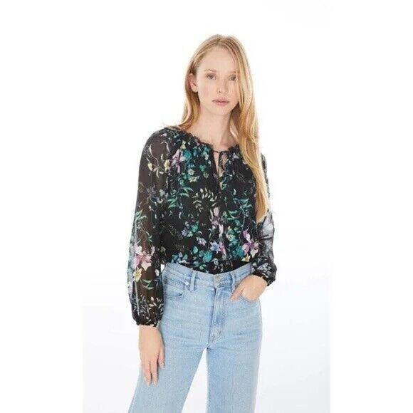 Generation Love Black‎ Hallie Floral Top Blouse Tie Neck Medium 100% Silk Shirt - Picture 1 of 10
